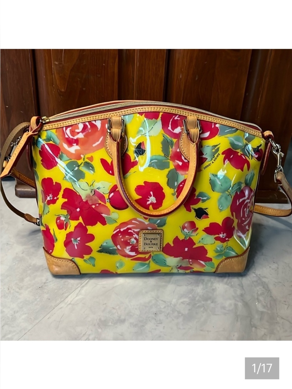 Dooney Bourke  Satchel Crossbody  shoulder Bag  vinyl coated floral/leather EUC